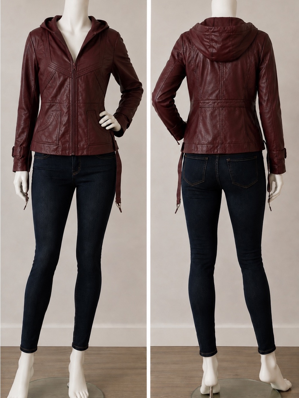 Women's Hooded Ginuine Leather Jacket in Burgundy